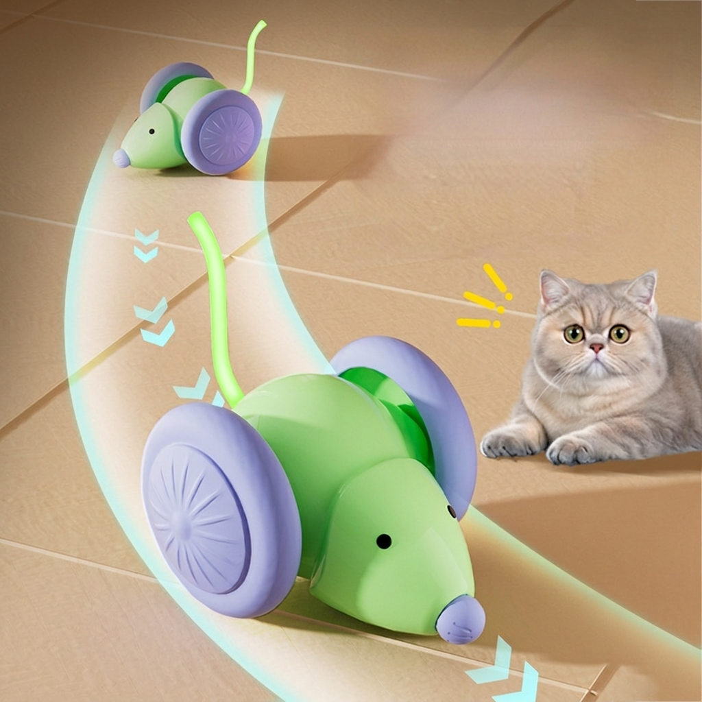 PawPulse mouse toy rolling with motion trail beside a British Shorthair cat